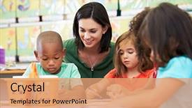  Presentation with elementary children - Presentation theme enhanced with preschool - group of elementary age children background and a coral colored foreground