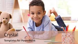  Presentation with floor - Presentation theme enhanced with preschool - little african-american boy drawing background and a coral colored foreground