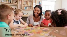  Presentation with shapes - Slides featuring preschool - teacher and pupils using flower background and a coral colored foreground