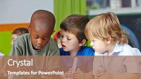  Presentation with children playing - Audience pleasing presentation design consisting of preschool - three children in kindergarten playing backdrop and a coral colored foreground