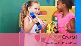  Presentation with tambourine - PPT layouts with preschool - two girls playing music background and a coral colored foreground