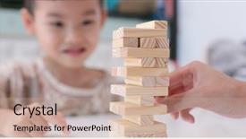  Presentation with play - Slide deck consisting of preschool blocks - asian kid play with wooden background and a coral colored foreground