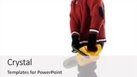  Presentation with chainsaw - Presentation with preschool boy in winter wear he holds a toy chainsaw in hard background and a white colored foreground