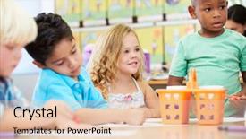  Presentation with elementary children - Presentation having preschool crayons - group of elementary age children background and a lemonade colored foreground