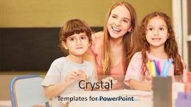  Presentation with kindergarten - Presentation with preschool crayons - young woman as a teacher background and a lemonade colored foreground