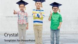  Presentation with bachelor - Presentation theme consisting of childhood school education knowledge and people concept - happy children in bachelor hats or mortarboards and eyeglasses over urban concrete background background and a light gray colored foreground