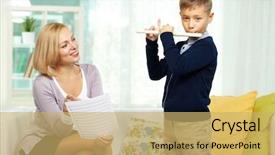  Presentation with flute - PPT theme enhanced with preschool music - portrait of happy pupil playing background and a  colored foreground
