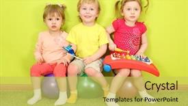  Presentation with colorful music - Beautiful PPT layouts featuring preschool music - two girls and a boy backdrop and a yellow colored foreground