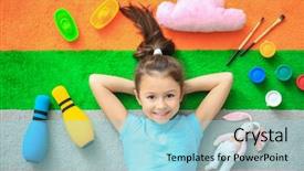  Presentation with carpet - Colorful slide set enhanced with preschool rainbow - cute little girl with toys backdrop and a light blue colored foreground