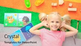  Presentation with hand cute dolls and toy - Slide deck having preschool rainbow - cute little girl with toys background and a lemonade colored foreground