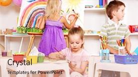  Presentation with children painting - PPT theme with preschool rainbow - group children painting at easel background and a lemonade colored foreground