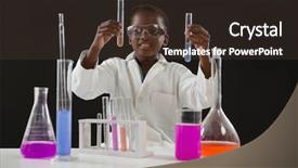  Presentation with chemical experiment - Colorful slides enhanced with preschool science - attentive schoolgirl doing a chemical backdrop and a tawny brown colored foreground