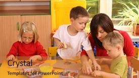  Presentation with teacher - Presentation theme enhanced with preschoolers plazing with wooden blocks background and a gold colored foreground