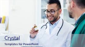  Presentation with pill bottle - Colorful slide deck enhanced with prescribe drugs - friendly young physician holding pill backdrop and a sky blue colored foreground