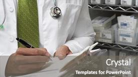  Presentation with medical supplies - Audience pleasing slides consisting of prescription while standing by medical backdrop and a gray colored foreground