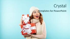  Presentation with pretty girl - Theme consisting of present boxes and looking away background and a cool aqua colored foreground