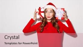  Presentation with girl in red dress - Presentation with present boxes and looking away background and a coral colored foreground