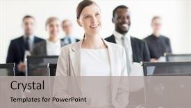  Presentation with listening woman - PPT theme consisting of presentaion contents - adult elegant woman sitting background and a light gray colored foreground