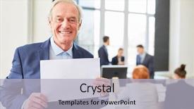  Presentation with contents marketing - Slide deck having presentaion contents - senior businessman holds blank sign background and a light gray colored foreground