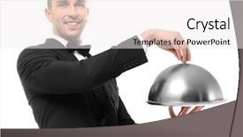  Presentation with casting metal - Slide deck with presentation covers - handsome waiter holding metal tray background and a sky blue colored foreground