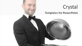  Presentation with nano composites and metal - Cool new slide deck with presentation covers - handsome waiter holding metal tray backdrop and a white colored foreground