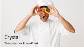  Presentation with chef - Beautiful presentation design featuring presentation covers - image of excited young chef backdrop and a white colored foreground