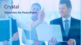  Presentation with business group meeting - PPT layouts having presentation with laptop during meeting background and a sky blue colored foreground