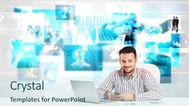  Presentation with blue business - Slide deck enhanced with presentationcloud computing - business person at desk background and a cool aqua colored foreground