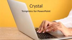  Presentation with hands of anonymous hackers typing - Audience pleasing PPT theme consisting of professional presentations - business woman's hands typing backdrop and a yellow colored foreground