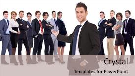  Presentation with team leader - PPT theme featuring presented by a young leader background and a light gray colored foreground