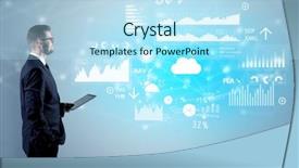  Presentation with financial report - Colorful presentation design enhanced with presenting economical results and report backdrop and a light blue colored foreground