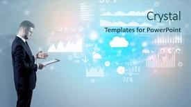  Presentation with report - Colorful slide set enhanced with presenting economical results and report backdrop and a sky blue colored foreground