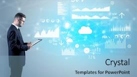  Presentation with report - Colorful PPT layouts enhanced with presenting economical results and report backdrop and a light blue colored foreground