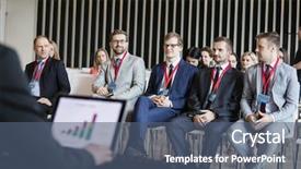  Presentation with college seminar hall - Presentation consisting of presenting large group - business people sitting in seminar background and a  colored foreground
