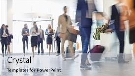  Presentation with bullseye center goal success business - Theme with presenting large group - business people walking at convention background and a light blue colored foreground