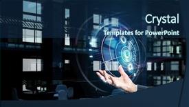  Presentation with media - Cool new PPT theme with presenting new technologies mixed media backdrop and a navy blue colored foreground