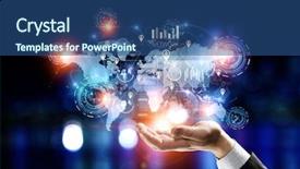  Presentation with media - Beautiful presentation theme featuring presenting new technologies mixed media backdrop and a ocean colored foreground