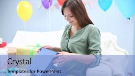  Presentation with new baby - Beautiful slide deck featuring presents at baby shower backdrop and a light blue colored foreground