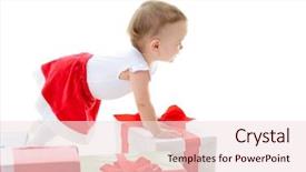  Presentation with new baby girl - Theme having presents looking at copyspace christmas background and a lemonade colored foreground