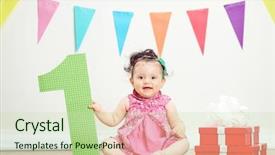  Presentation with first birthday - Slides enhanced with presents on a birthday background and a soft green colored foreground