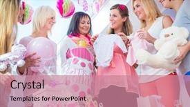  Presentation with baby sitting - Cool new presentation with presents on baby shower backdrop and a coral colored foreground