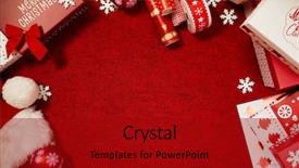  Presentation with golden christmas trumpet and red - Theme consisting of presents on red background simple background and a crimson colored foreground