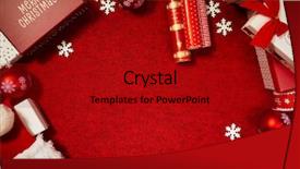  Presentation with golden christmas trumpet and red - Colorful theme enhanced with presents on red background simple backdrop and a crimson colored foreground