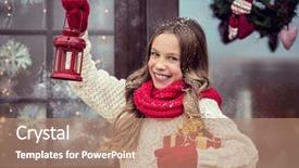  Presentation with welcome banners for guests - Beautiful theme featuring presents snow weather house door backdrop and a coral colored foreground