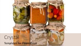  Presentation with preserved - PPT layouts having preserved-vegetables-in-glass-jars background and a coral colored foreground
