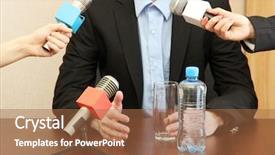  Presentation with microphone - Beautiful presentation design featuring presidents report - conference meeting microphone with businessman backdrop and a coral colored foreground