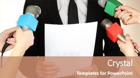  Presentation with microphones - Presentation design enhanced with presidents report - conference meeting microphones and businessman background and a coral colored foreground