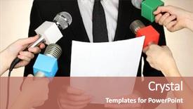 Presentation with microphones - Colorful PPT theme enhanced with presidents report - conference meeting microphones and businessman backdrop and a coral colored foreground