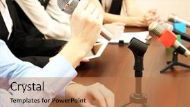  Presentation with microphones - Slide deck consisting of presidents report - conference meeting microphones background and a coral colored foreground