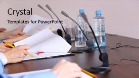 Presentation with microphones - Cool new PPT layouts with presidents report - conference meeting with microphones backdrop and a light gray colored foreground